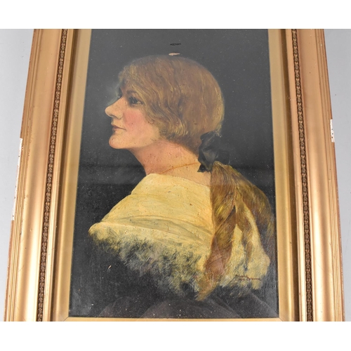 423 - An Oil on Board, Portrait of a Maiden, Signed Rowland Browne, 1914, Framed and Glazed, Frame AF, Sub... 