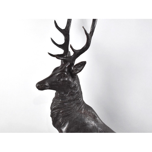 48 - A Very Large and Heavy Bronze Study of a Stag on Rock after Moigniez on Oval Stepped Marble Base, Fa... 