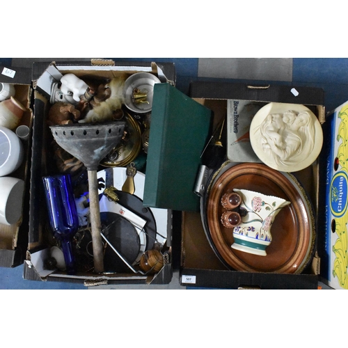 507 - Two Boxes of Various Sundries to Include Metalwares, Plaques, Ceramics Etc