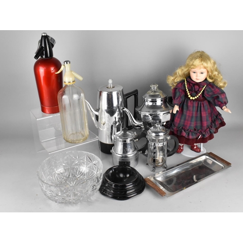 512 - A Collection of Various Sundries to include Coffeewares, Soda Syphon, Doll etc