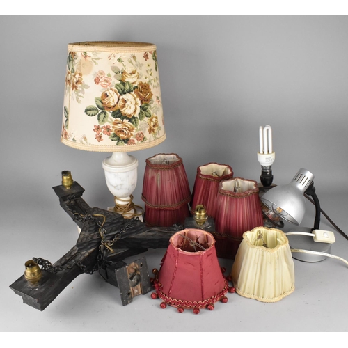 513 - A Collection of Various Lamp Shades, Marble Lamp Base and shade, Oak Light Fitting Etc