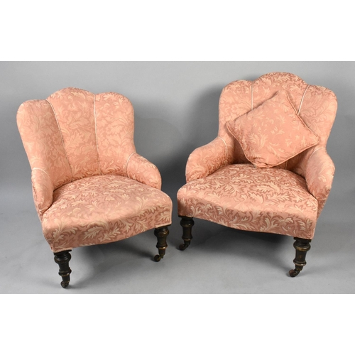 530 - A Near Pair of Edwardian Upholstered Salon Chairs with Shaped Scalloped Back, on Turned Castor Suppo... 