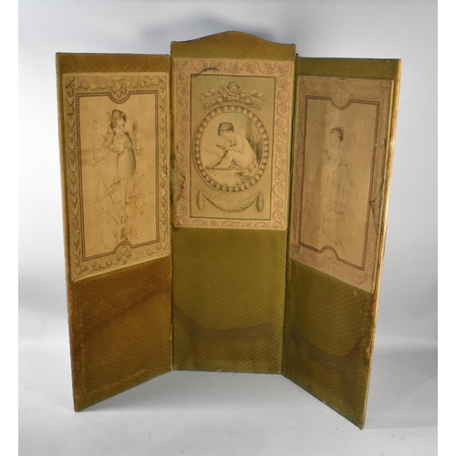 533 - A Victorian Fabric Three Panel Screen with Printed Panels Depicting Cherubs, Each Panel Measures 59c... 