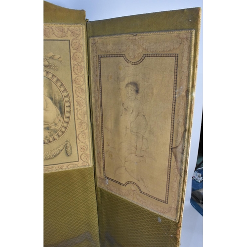 533 - A Victorian Fabric Three Panel Screen with Printed Panels Depicting Cherubs, Each Panel Measures 59c... 