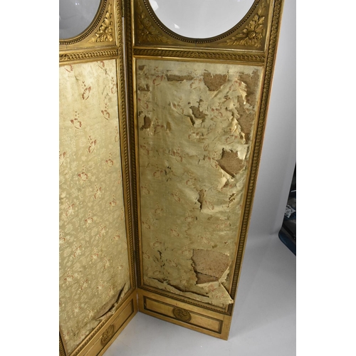 543 - A Victorian Giltwood and Gesso Silk Work Three Panel Dressing Screen having Glazed Windows, 49x180cm... 