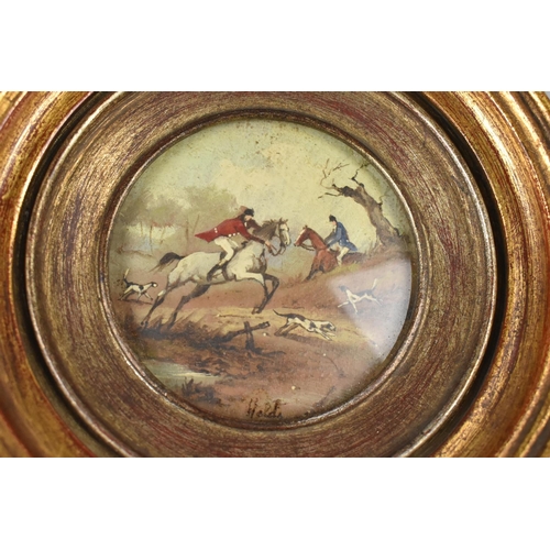 65 - A Framed Miniature Oil, Hunting Scene with Huntsman and Hounds, Signed Holt, Subject 6.2 cms Diamete... 