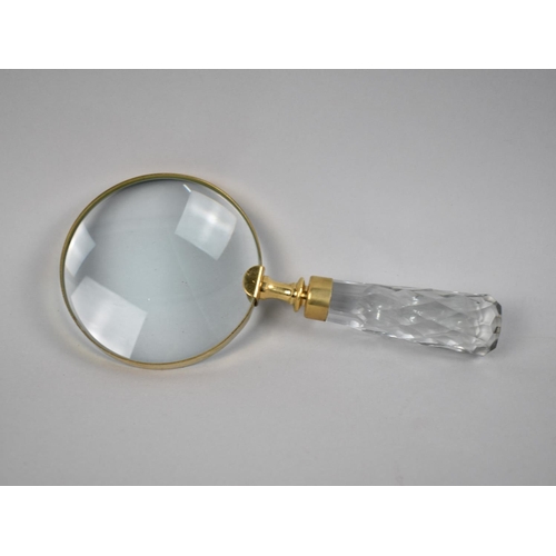 76 - A Large Desk Top Brass Mounted and Faceted Glass Handled Magnifying Glass, 22cms Long