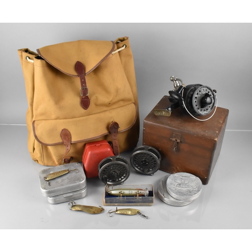 5 - A Vintage Canvas Fishing Bag Containing Various Fishing Items to Comprise Wooden Cased Luxor Pezon M... 