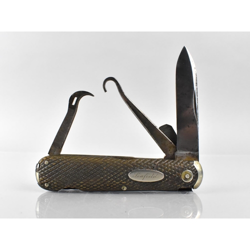 16 - A Vintage Chequered Grip Handle Multi Tool Pocket Knife Having Blade, File, Saw, Corkscrew and Spike... 