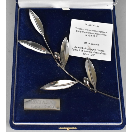 393 - A Cased Sterling Silver Metaxa Olive Branch, Reward of Olympic Games Symbol of Peace and Friendship