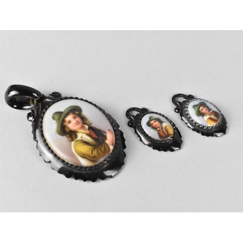 413 - A Victorian Jet Pendant with Oval Porcelain Plaque Having Hand Painted Portrait of a Young Boy toget... 