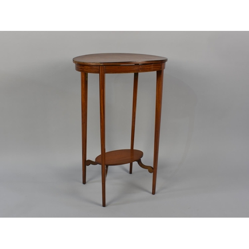 100 - A Mahogany Banded Oval Topped Occasional Table with Straight Square Supports, Bottom Stretcher Shelf... 