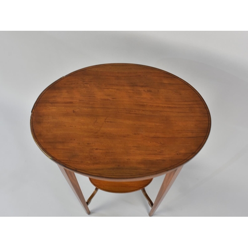 100 - A Mahogany Banded Oval Topped Occasional Table with Straight Square Supports, Bottom Stretcher Shelf... 