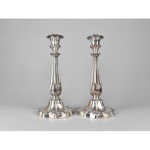 102 - A Pair of Sheffield Plated Candlesticks with Acanthus Supports, 26cms High