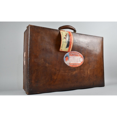 142 - A Vintage Leather Travelling Case with Cunard Baggage Sticker and Tag for Cunard White Star to Europ... 