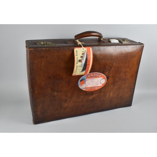 142 - A Vintage Leather Travelling Case with Cunard Baggage Sticker and Tag for Cunard White Star to Europ... 