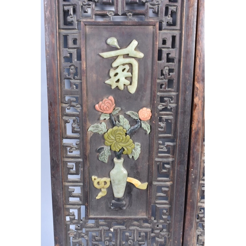 160 - A Pair of Reproduction Chinese Wooden Pierced and Carved Panels with Faux Jade Decoration, 37x82cms ... 