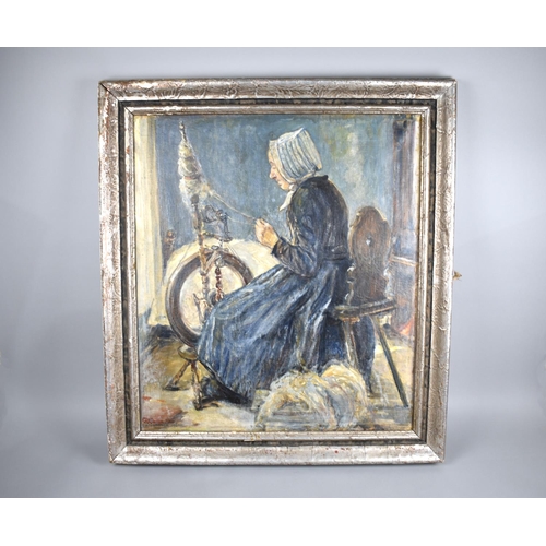 167 - An Oil on Canvas Depicting 19th Century Lady Spinning Wool, in Distressed Slivered Frame, Subject 59... 