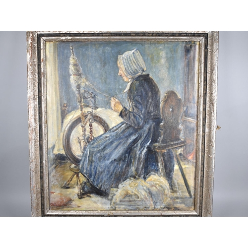 167 - An Oil on Canvas Depicting 19th Century Lady Spinning Wool, in Distressed Slivered Frame, Subject 59... 