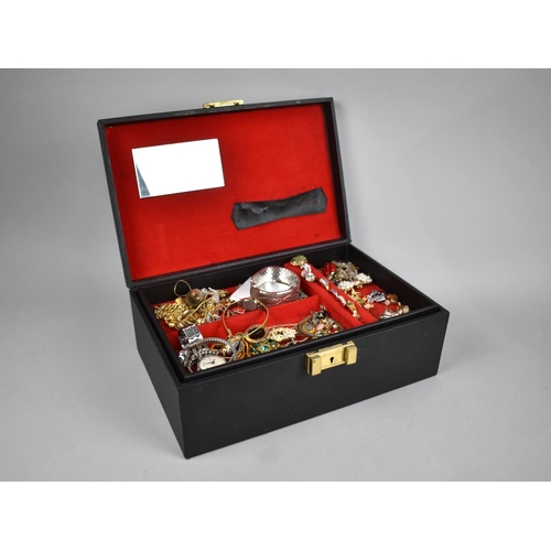 263 - A Fitted Jewellery Box Containing Various Costume Brooches, Rings, Watches Etc