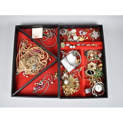 263 - A Fitted Jewellery Box Containing Various Costume Brooches, Rings, Watches Etc