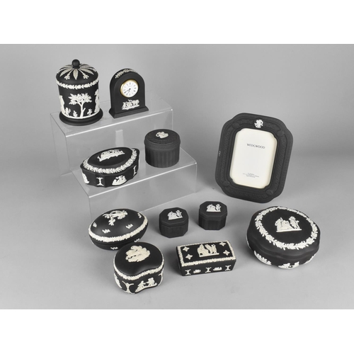 314 - Eleven Pieces of Wedgwood Black Jasperware to Comprise Lidded Pot, Lidded Boxes and a Photo Frame