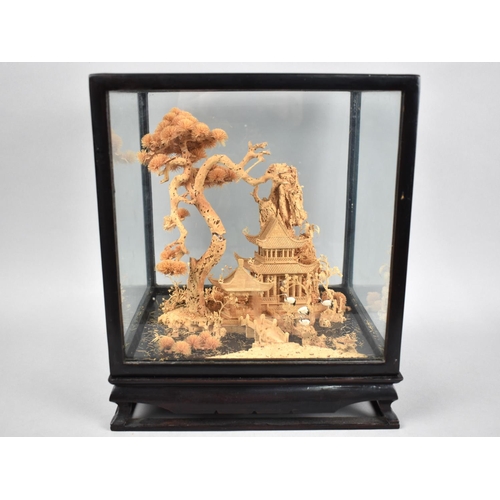 32 - A Cased Chinese Cork Diorama, 24x20x28cms High