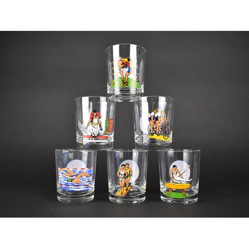 357 - A Set of Six 1984 Olympics Los Angeles Tumblers Decorated with Sports Scenes to Include Running, Box... 