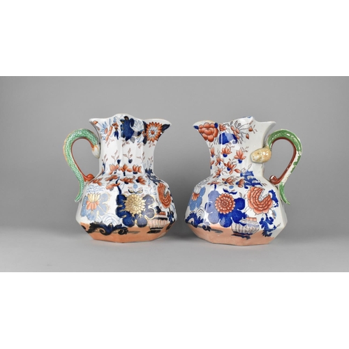 364 - Two Imari Gothic Shaped Jugs with Dragon Handles, Condition Issues, 25cms High