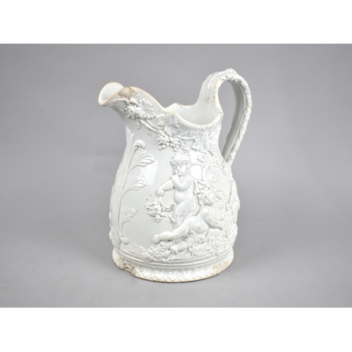 374 - A 19th Century Relief Jug Decorated with Classical Cherub Scenes with Grape and Vines, 22.5cms High ... 