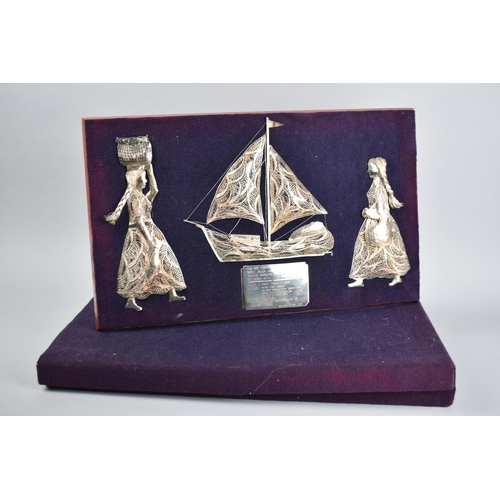 397 - A Presentation Filigree White Metal Board with Sailing Ship and Figures, Presentation Plaque Dated 1... 