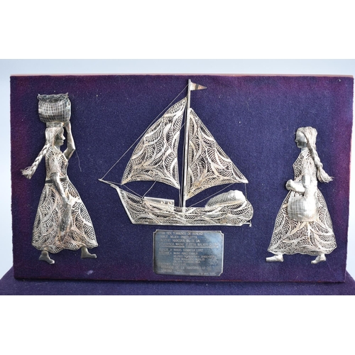 397 - A Presentation Filigree White Metal Board with Sailing Ship and Figures, Presentation Plaque Dated 1... 