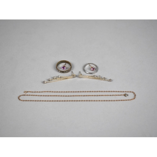 410 - A Small Collection of Jewellery to Comprise Drop Earrings, Pink Stone Stud Earrings and a Chain