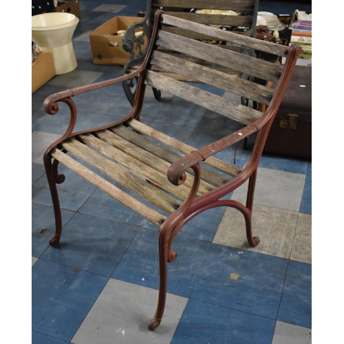 435 - A Vintage Heavy Cast Iron and Wooden Slatted Garden Armchair with Scrolled Supports