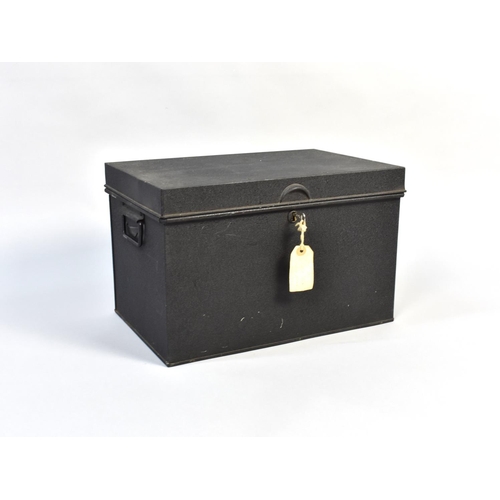 438 - A Vintage Metal Deed Box with Key, 40cms Wide