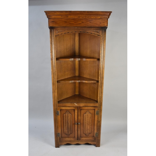 479 - A Mic 20th Century Oak Linen Fold Double Free Standing Corner Cabinet with Two Shelves to Open Toppe... 