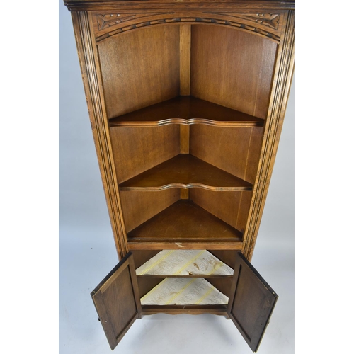 479 - A Mic 20th Century Oak Linen Fold Double Free Standing Corner Cabinet with Two Shelves to Open Toppe... 