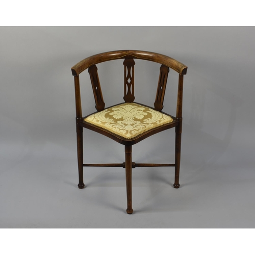 493 - An Edwardian String Inlaid Corner Chair with Pierced Splats