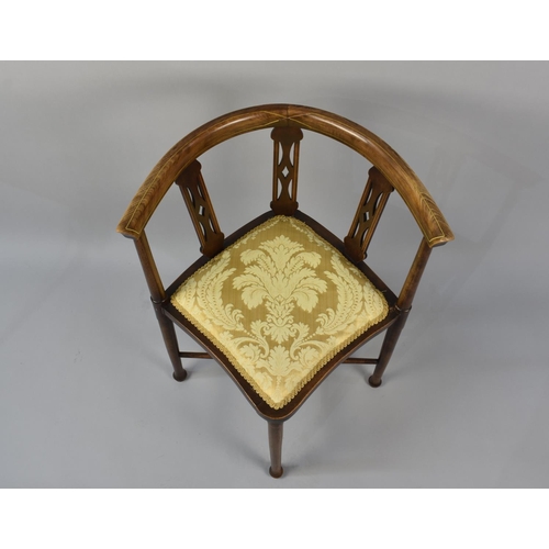 493 - An Edwardian String Inlaid Corner Chair with Pierced Splats