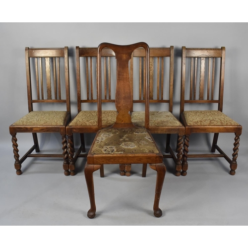 502 - A Set of Four Oak Dining Chairs with Barley Twist Front Legs together with a Queen Anne Style Side C... 