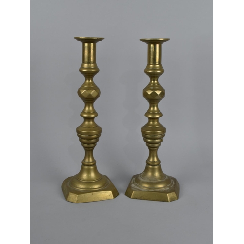 86 - A Pair of Brass Candlesticks, Have Been Converted to Lamp Bases, No Fittings, 35cms High