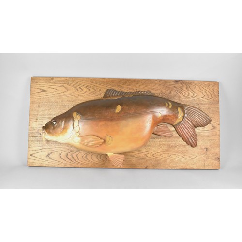 A Large Wooden Half Block Study of A Carp, Mounted on Wooden Board, 92x42.5cms High