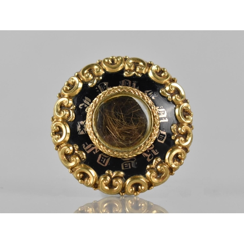 442 - A 19th Century Mourning Brooch, Central Glazed Panel Revealing Twisted Lock of Hair, Black Enamel Fr... 