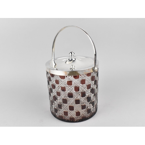 120 - A Reproduction Silver Plate Mounted Cylindrical Overlaid Hobnail Glass Biscuit Barrel, 12.5cms Diame... 