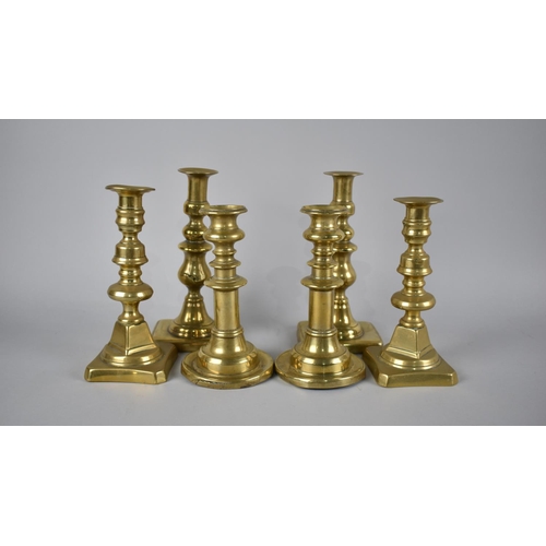 127 - Three Pairs of Victorian Brass Candlesticks, Tallest 21.5cms