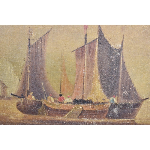 132 - A Naive Mounted but Unframed Oil on Canvas, Fishing Barges, 41x32cms