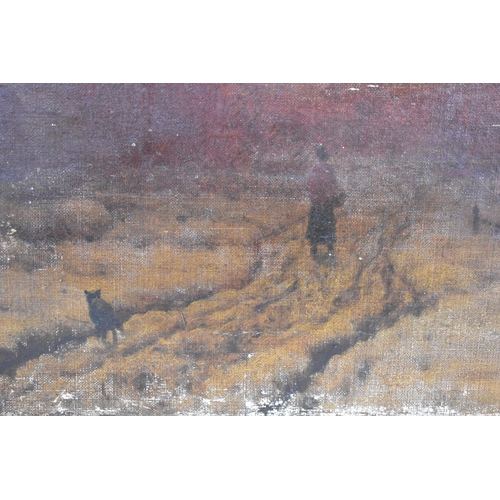 216 - A Mounted but Unframed Oil on Canvas Depicting Figure and Dog on Country Lane and Sunset, Canvas Hol... 