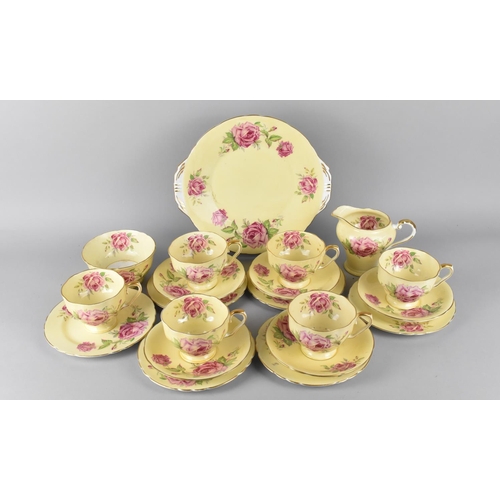 314 - An Aynsley Tea Set Decorated with Pink Roses on Yellow Ground to Comprise Cake Plate, Milk Jug, Suga... 