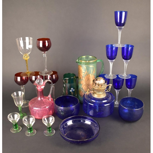 368 - A Collection of Various Coloured Glass to Comprise Blue 19th Century Glass Bowls, Blue Glass Reservo... 