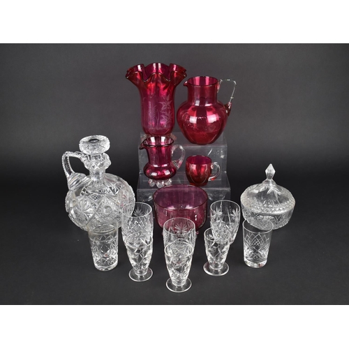 371 - A Collection of Various Late 19th Century Cranberry Glass to Comprise Vase, Jugs and a Bowl Together... 